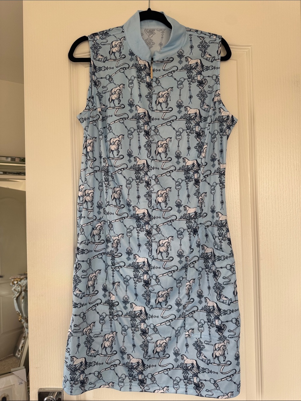 Sleeveless Sky Blue Equestrian-Print Shift Dress